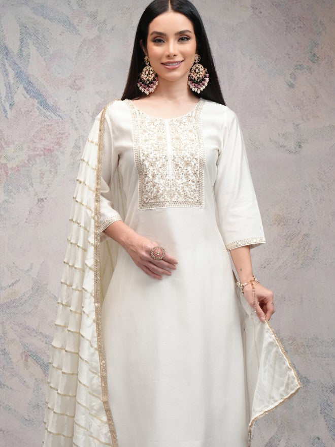 Vishudh Women Off White Embroidered Kurta With Palazzos And Dupatta - Off White - Image 1