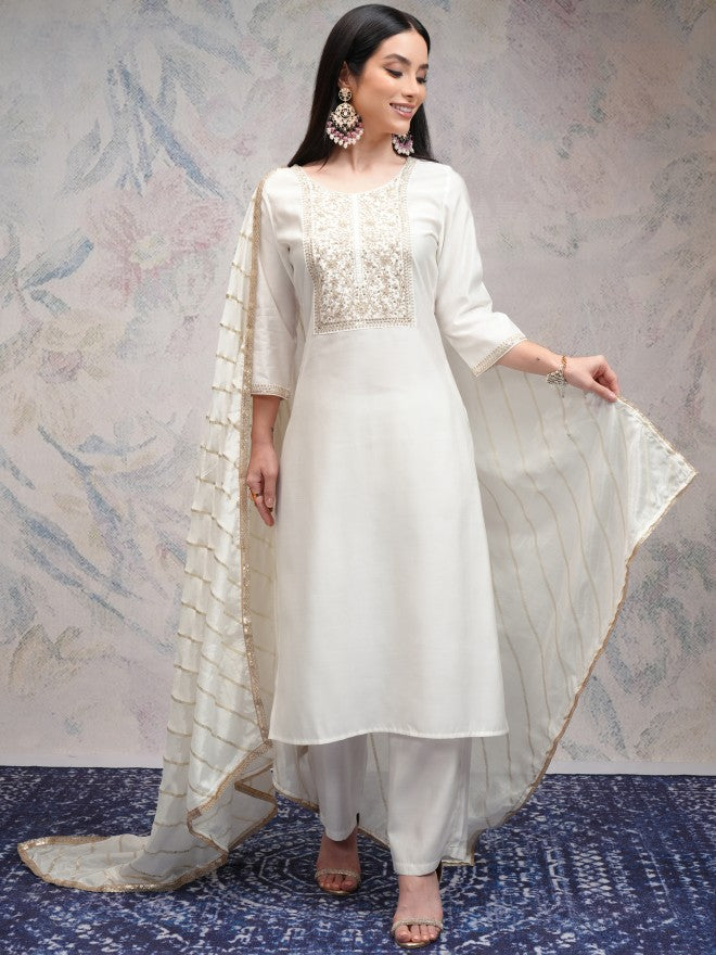Vishudh Women Off White Embroidered Kurta With Palazzos And Dupatta - Off White - Image 2