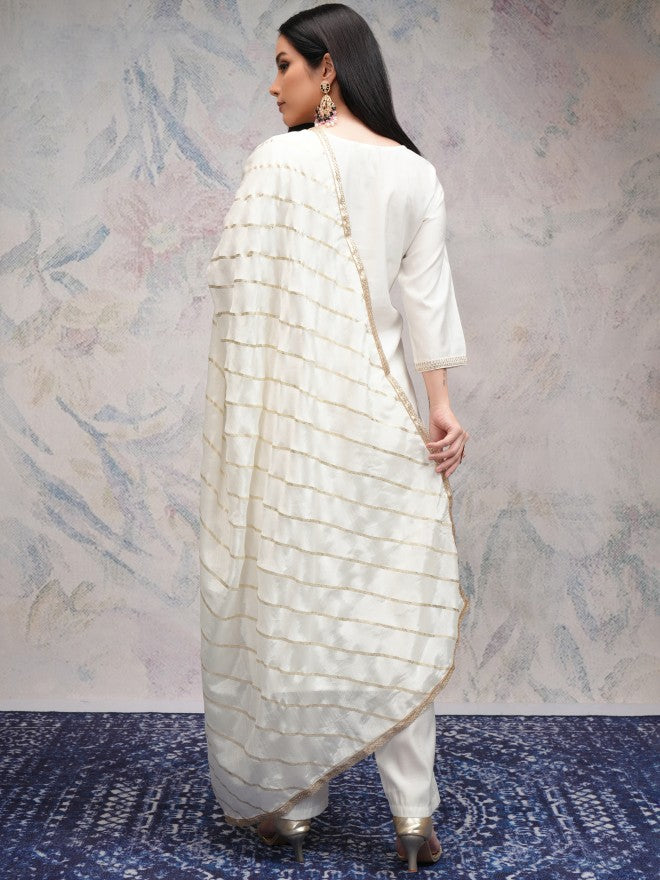 Vishudh Women Off White Embroidered Kurta With Palazzos And Dupatta - Off White - Image 3