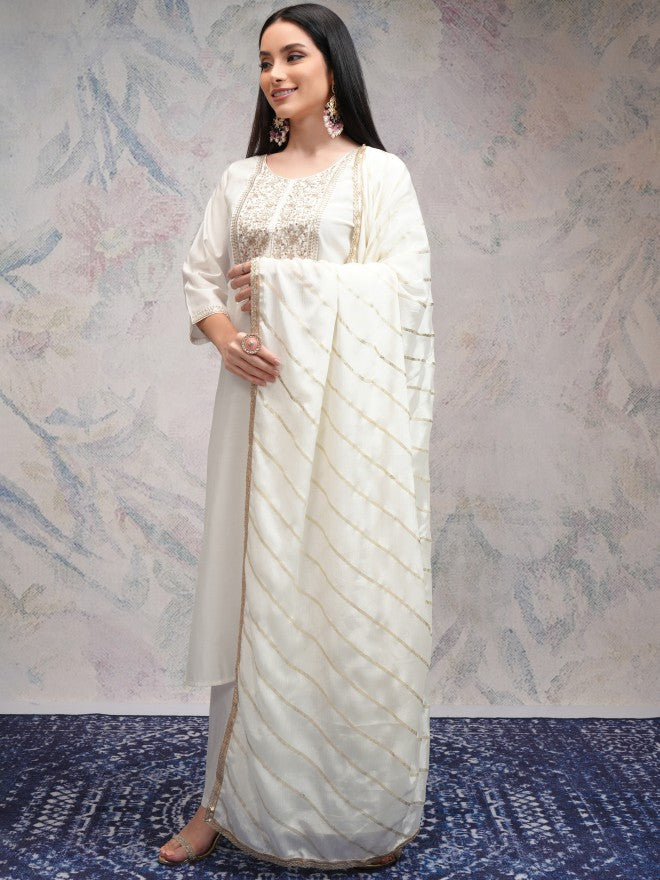 Vishudh Women Off White Embroidered Kurta With Palazzos And Dupatta - Off White - Image 4