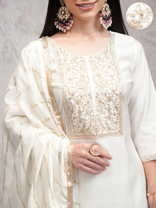 Vishudh Women Off White Embroidered Kurta With Palazzos And Dupatta - Off White - Image 5