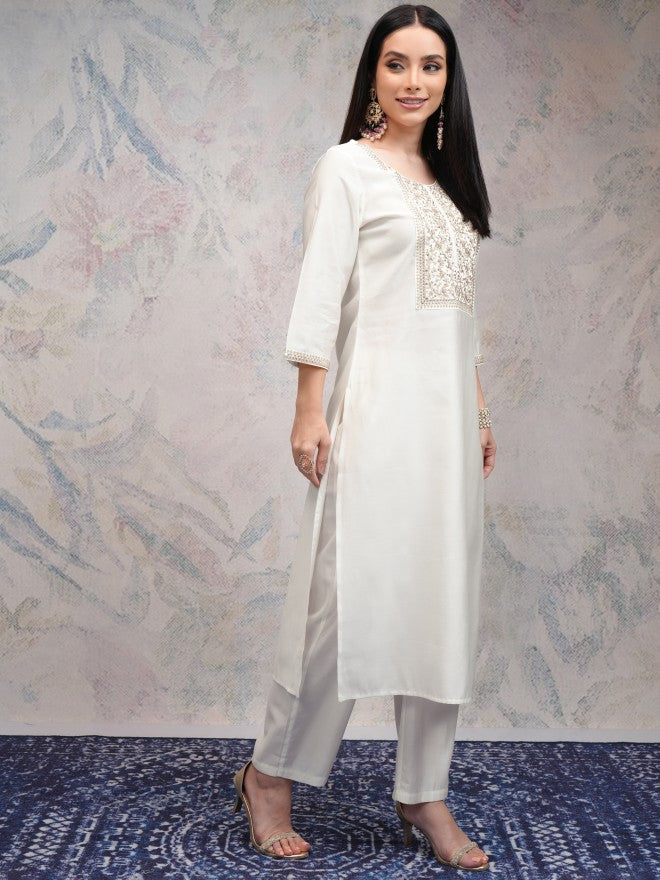 Vishudh Women Off White Embroidered Kurta With Palazzos And Dupatta - Off White - Image 6