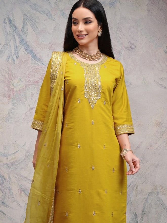 Vishudh Women Yellow Embroidered Kurta With Trousers And Dupatta - Yellow - Image 1
