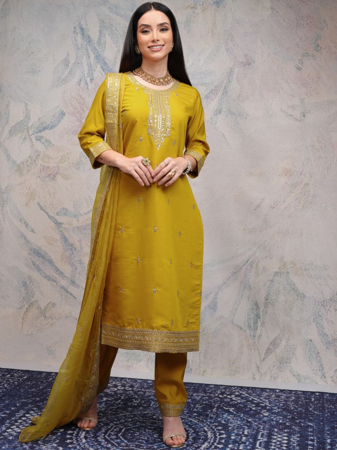 Vishudh Women Yellow Embroidered Kurta With Trousers And Dupatta - Yellow - Image 2