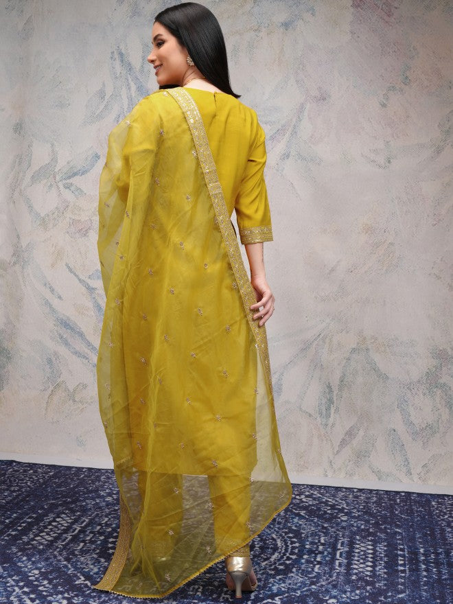 Vishudh Women Yellow Embroidered Kurta With Trousers And Dupatta - Yellow - Image 3