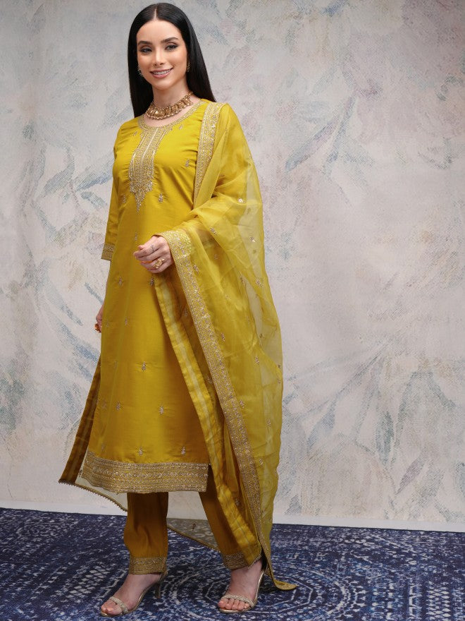 Vishudh Women Yellow Embroidered Kurta With Trousers And Dupatta - Yellow - Image 4