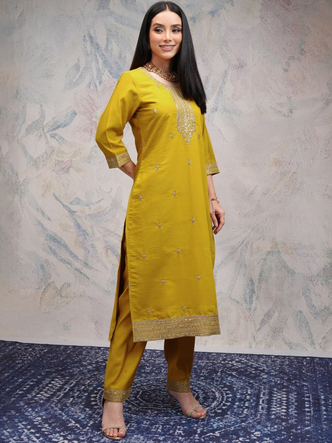 Vishudh Women Yellow Embroidered Kurta With Trousers And Dupatta - Yellow - Image 6
