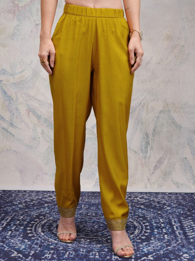 Vishudh Women Yellow Embroidered Kurta With Trousers And Dupatta - Yellow - Image 8