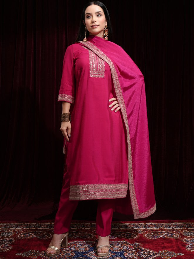 Vishudh Women Pink Kurta With Palazzos And Dupatta - Pink - Image 2