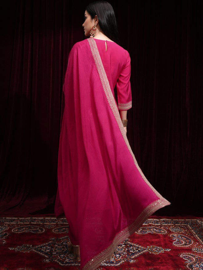 Vishudh Women Pink Kurta With Palazzos And Dupatta - Pink - Image 3