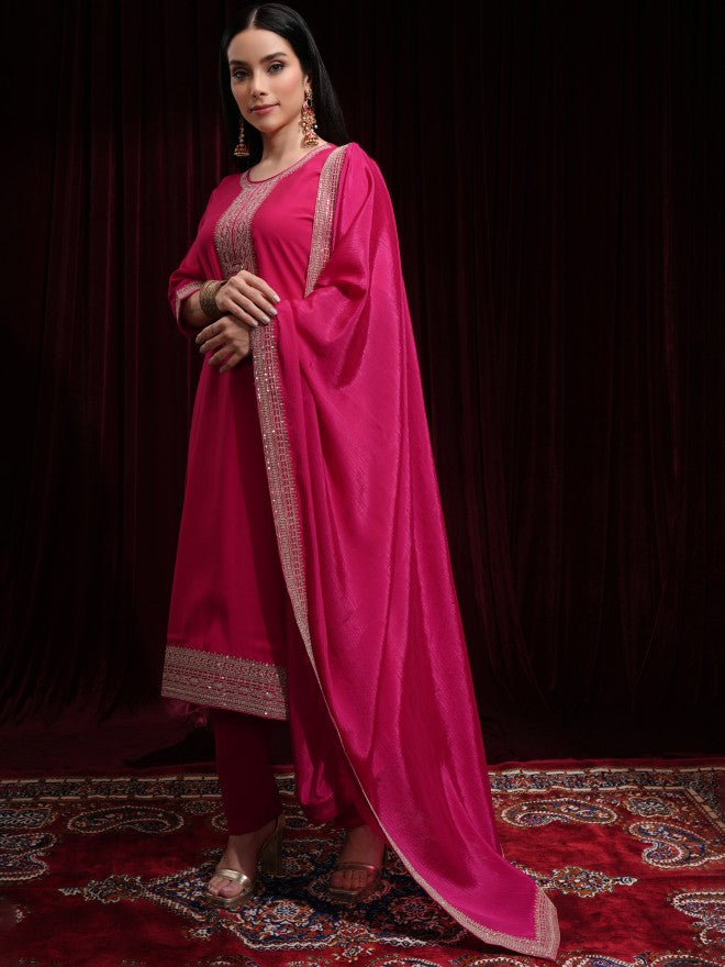 Vishudh Women Pink Kurta With Palazzos And Dupatta - Pink - Image 4