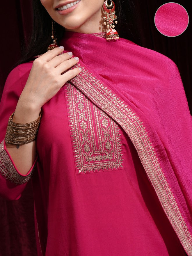 Vishudh Women Pink Kurta With Palazzos And Dupatta - Pink - Image 5