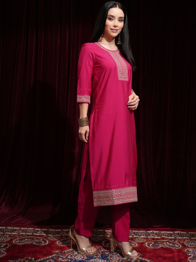 Vishudh Women Pink Kurta With Palazzos And Dupatta - Pink - Image 6