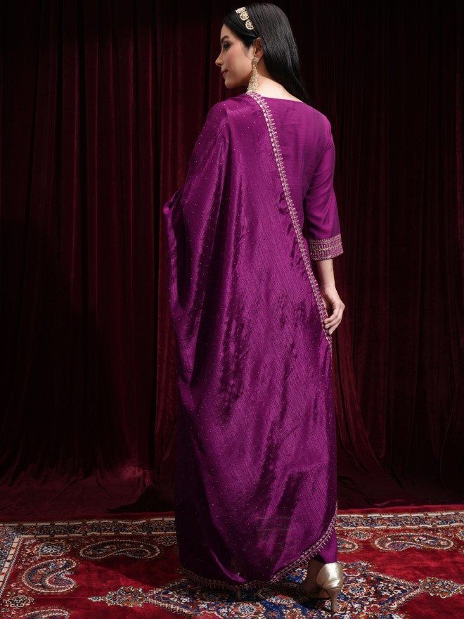 Vishudh Women Magenta Kurta With Palazzos And Dupatta - Magenta - Image 3