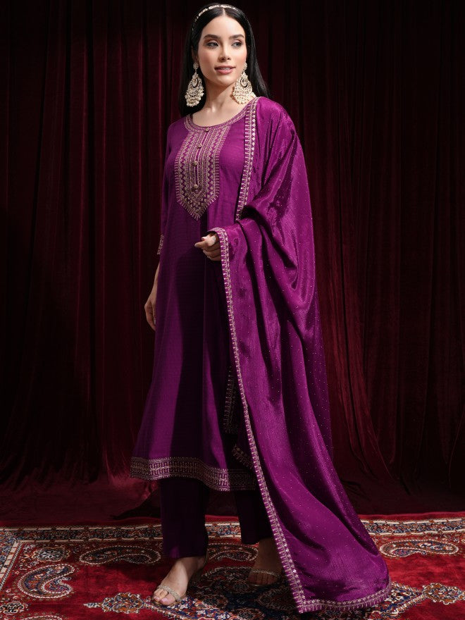 Vishudh Women Magenta Kurta With Palazzos And Dupatta - Magenta - Image 4