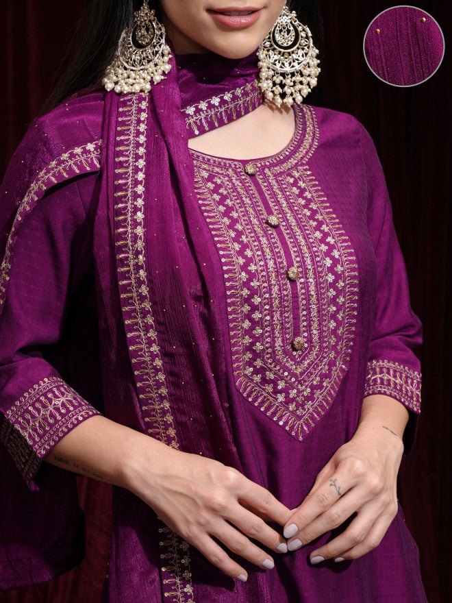 Vishudh Women Magenta Kurta With Palazzos And Dupatta - Magenta - Image 5