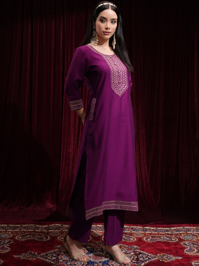 Vishudh Women Magenta Kurta With Palazzos And Dupatta - Magenta - Image 6