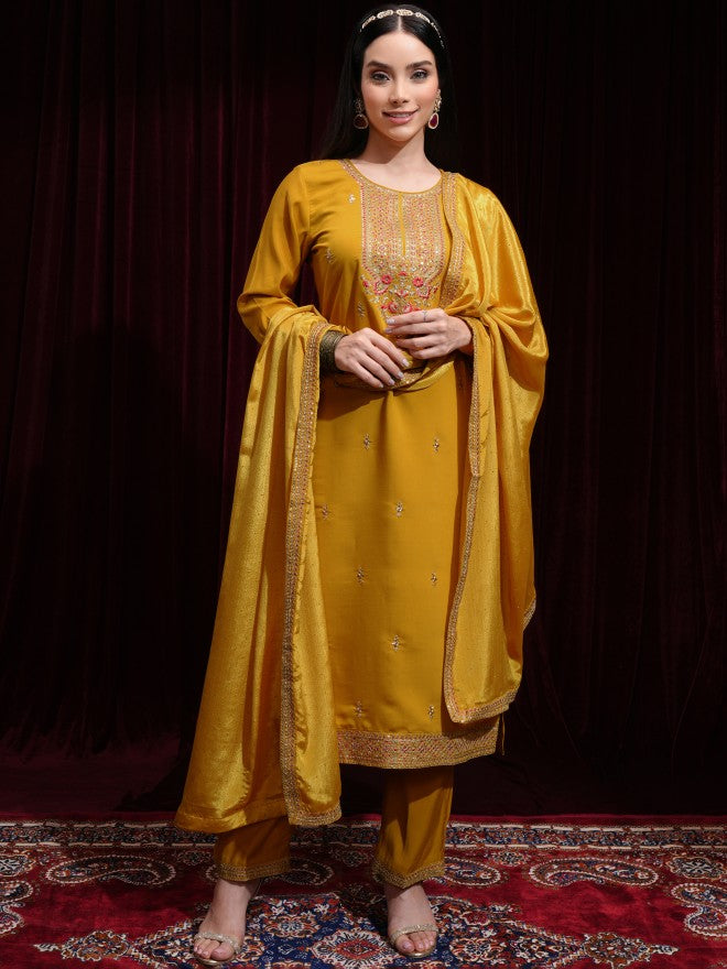 Vishudh Women Mustard Kurta With Palazzos And Dupatta - Mustard - Image 2
