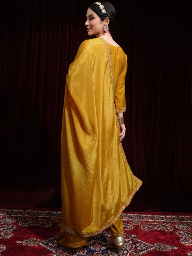 Vishudh Women Mustard Kurta With Palazzos And Dupatta - Mustard - Image 3