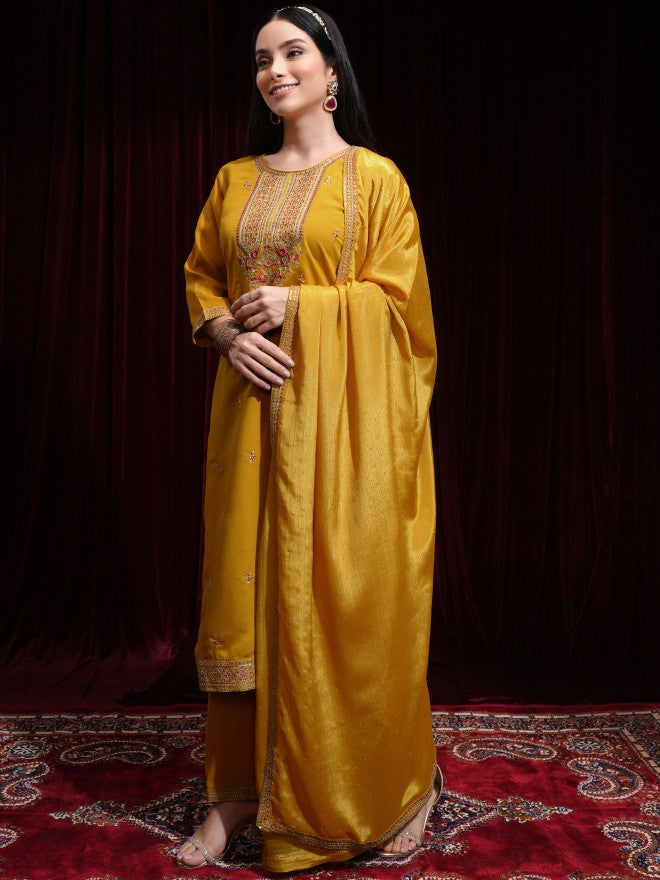 Vishudh Women Mustard Kurta With Palazzos And Dupatta - Mustard - Image 4