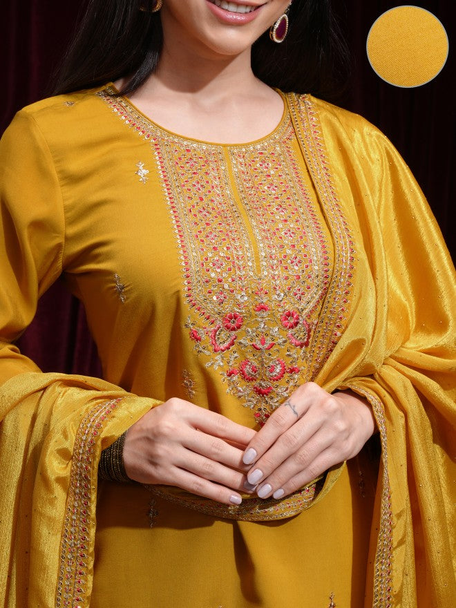 Vishudh Women Mustard Kurta With Palazzos And Dupatta - Mustard - Image 5