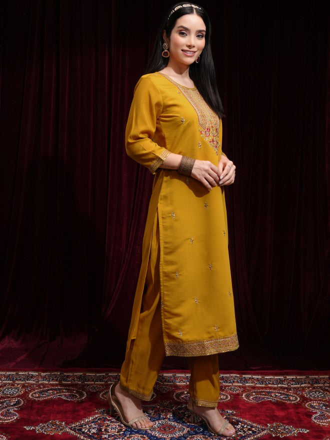 Vishudh Women Mustard Kurta With Palazzos And Dupatta - Mustard - Image 6