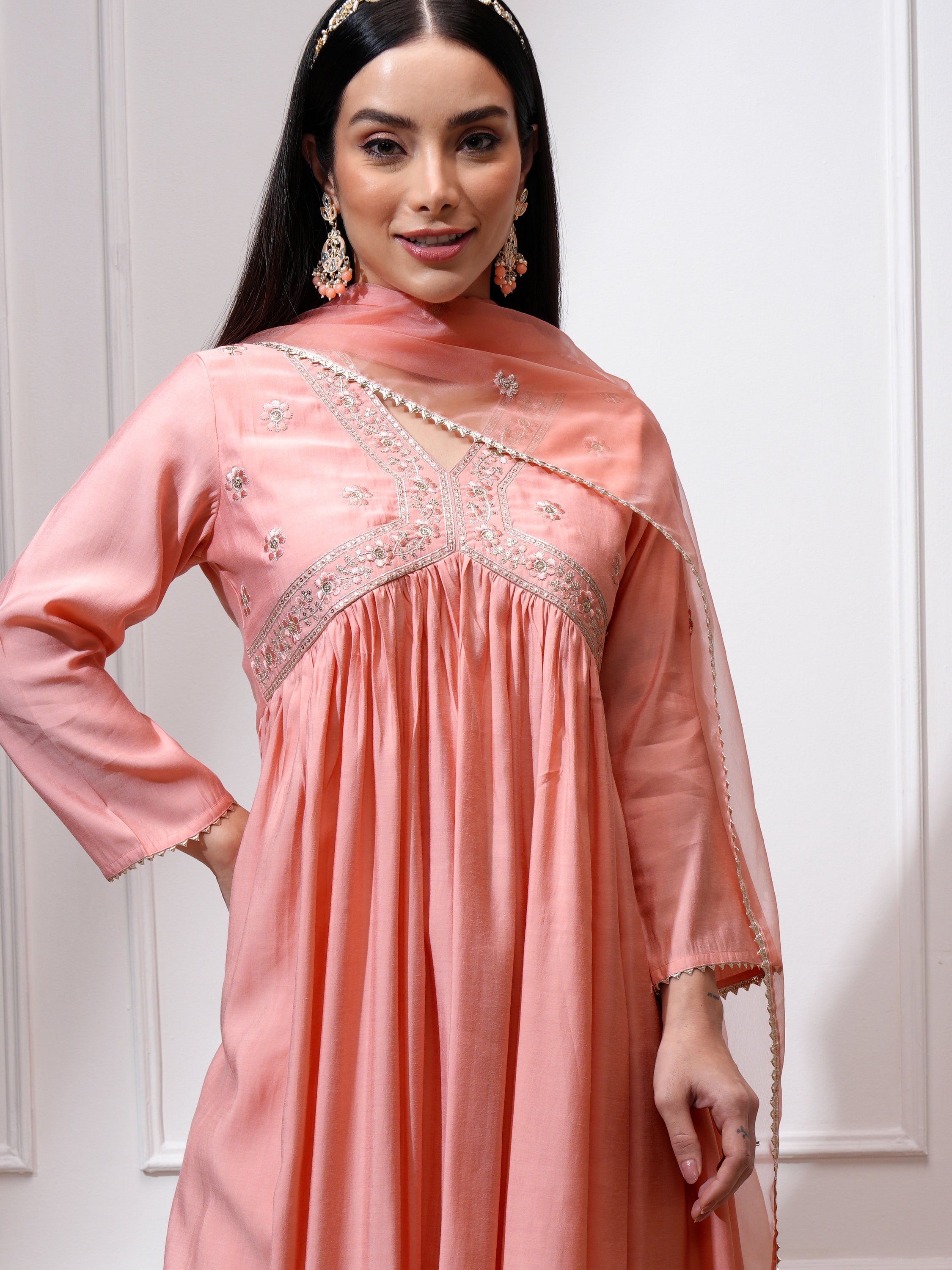 Vishudh Women Peach Kurta With Palazzos And Dupatta - Peach - Image 1