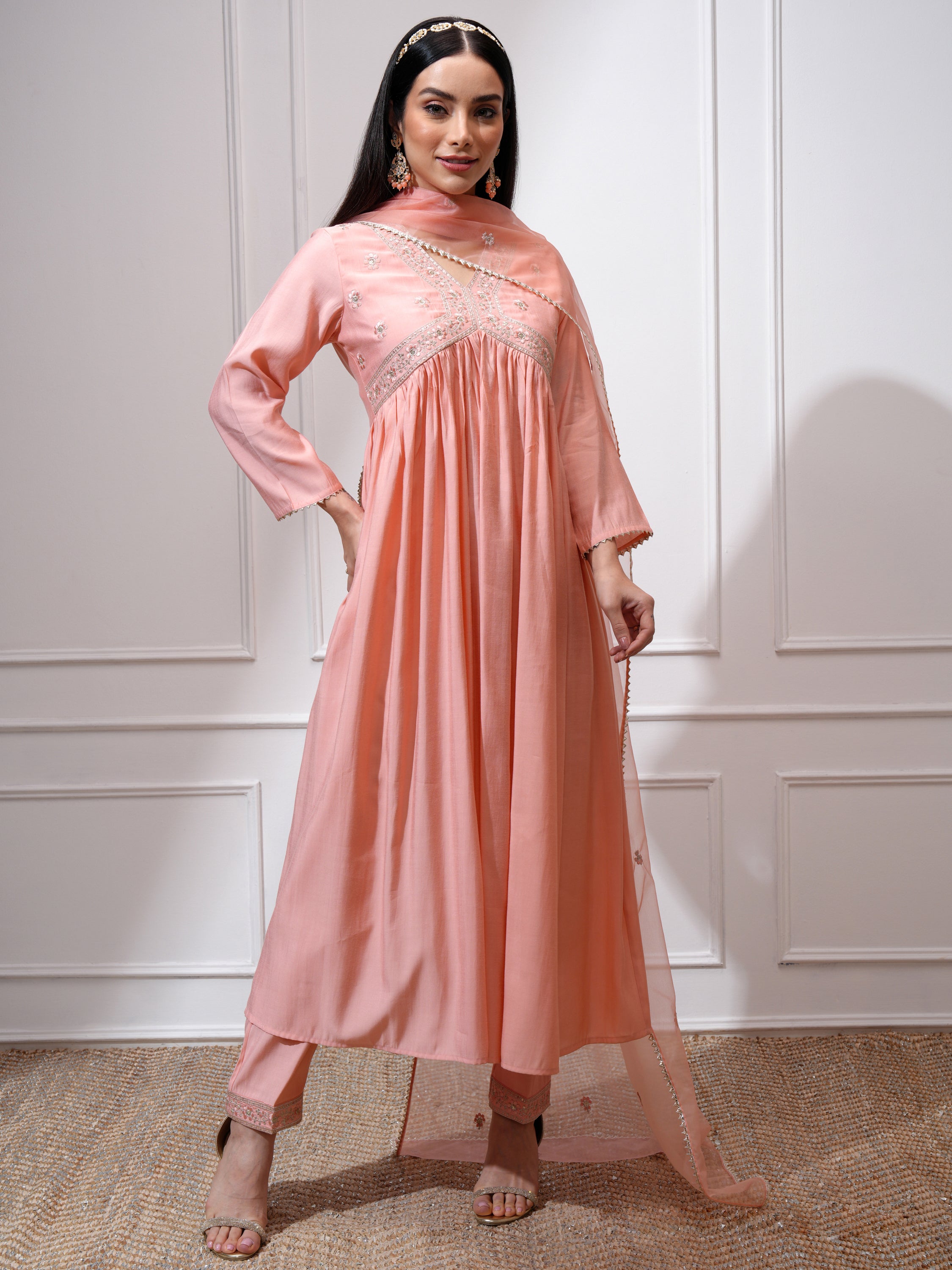 Vishudh Women Peach Kurta With Palazzos And Dupatta - Peach - Image 2
