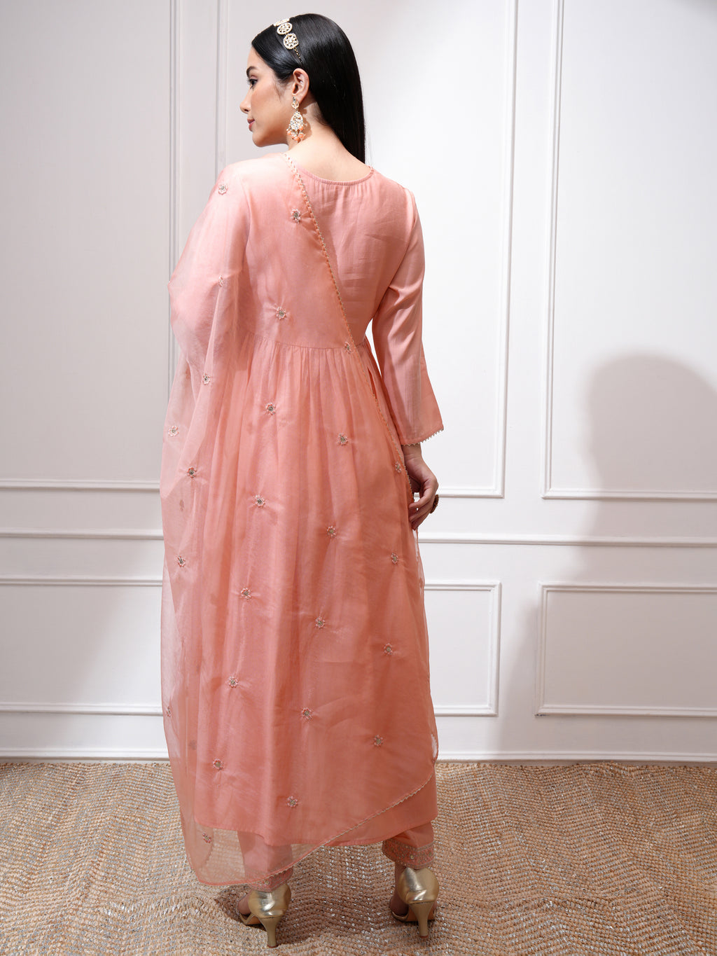 Vishudh Women Peach Kurta With Palazzos And Dupatta - Peach - Image 3