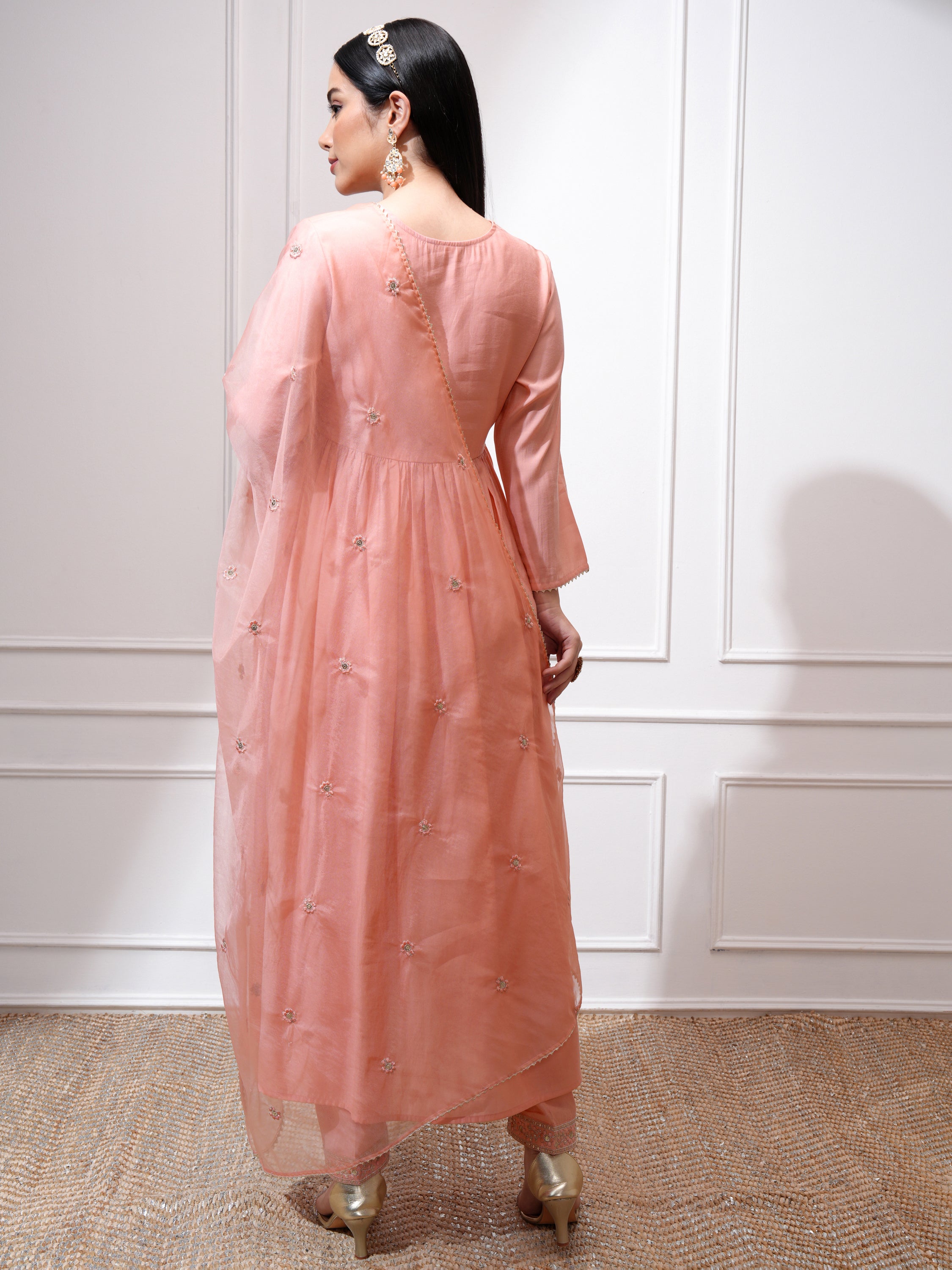 Vishudh Women Peach Kurta With Palazzos And Dupatta - Peach - Image 3