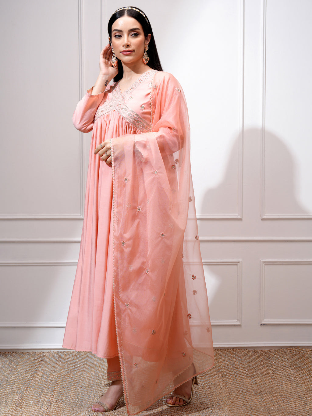 Vishudh Women Peach Kurta With Palazzos And Dupatta - Peach - Image 4