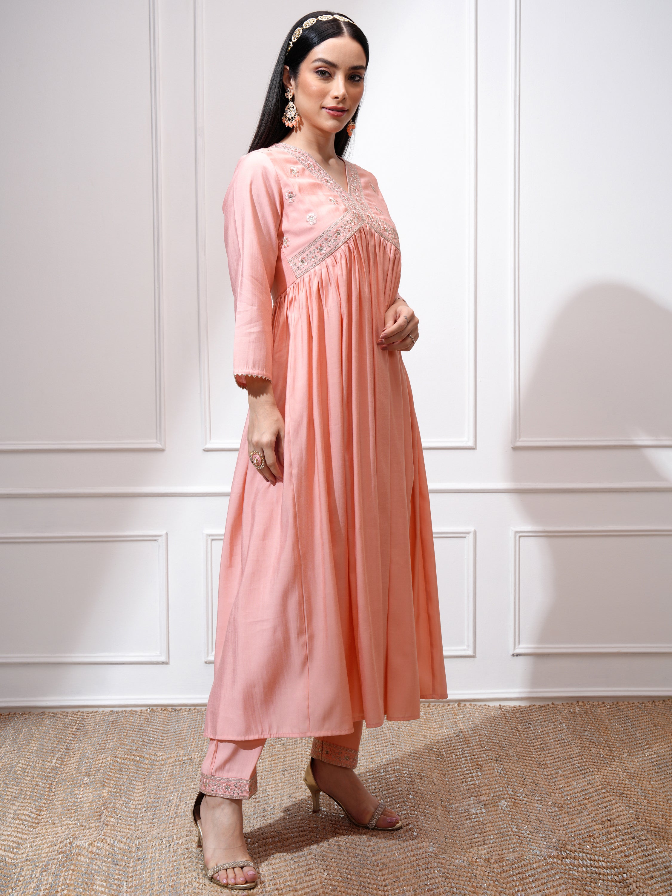 Vishudh Women Peach Kurta With Palazzos And Dupatta - Peach - Image 6