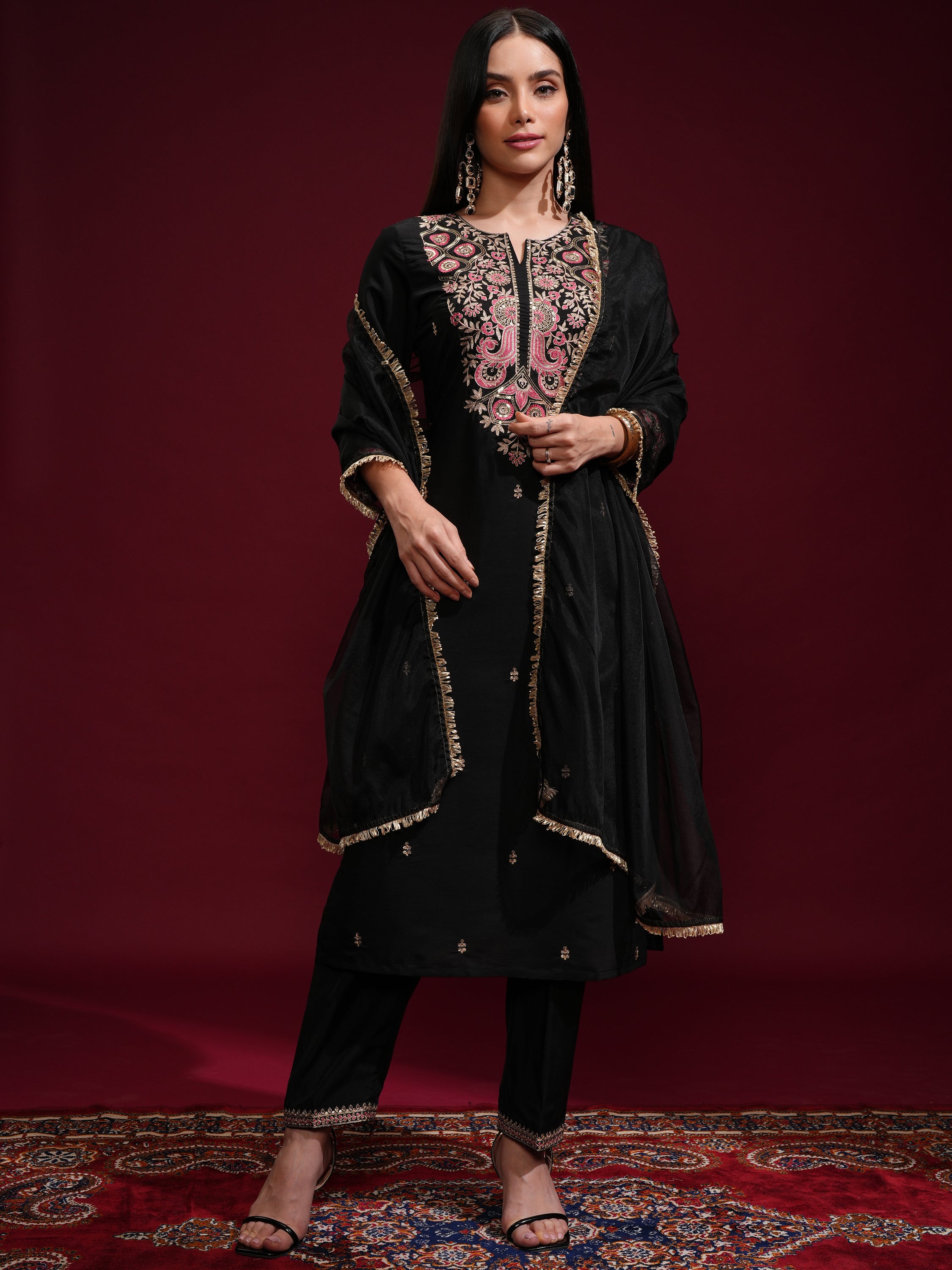 Vishudh Women Black Kurta With Palazzos And Dupatta - Black - Image 2