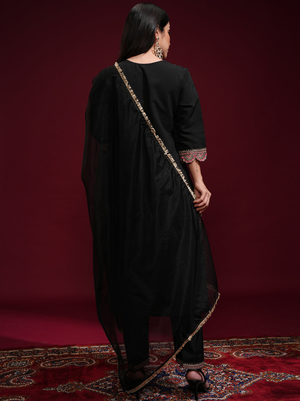 Vishudh Women Black Kurta With Palazzos And Dupatta - Black - Image 3