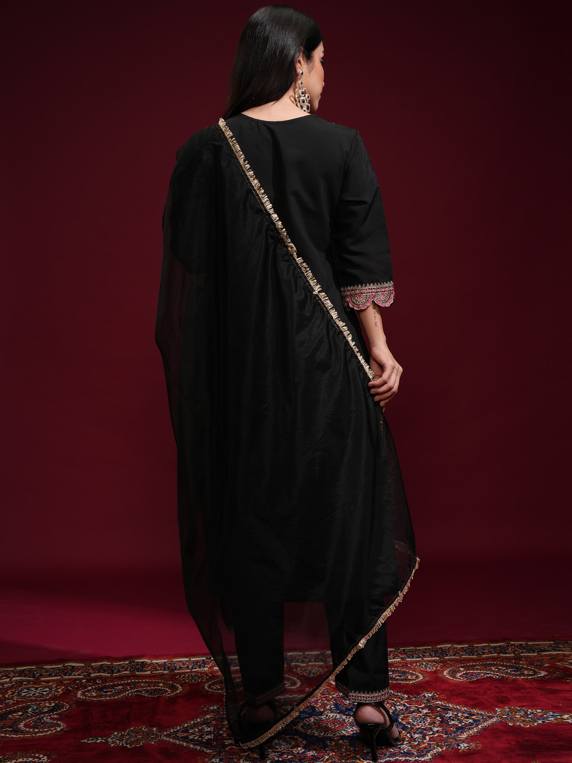 Vishudh Women Black Kurta With Palazzos And Dupatta - Black - Image 3