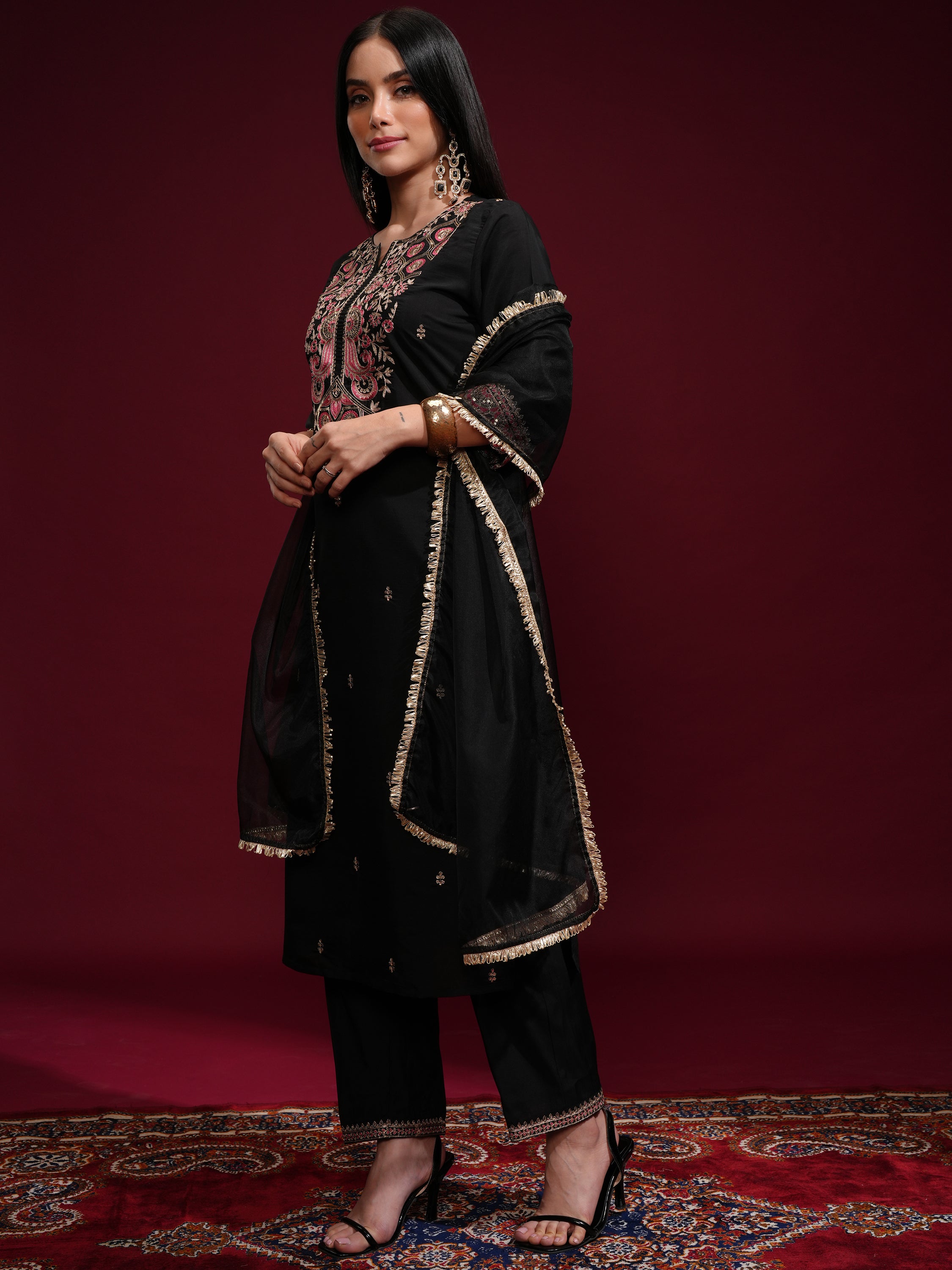 Vishudh Women Black Kurta With Palazzos And Dupatta - Black - Image 4