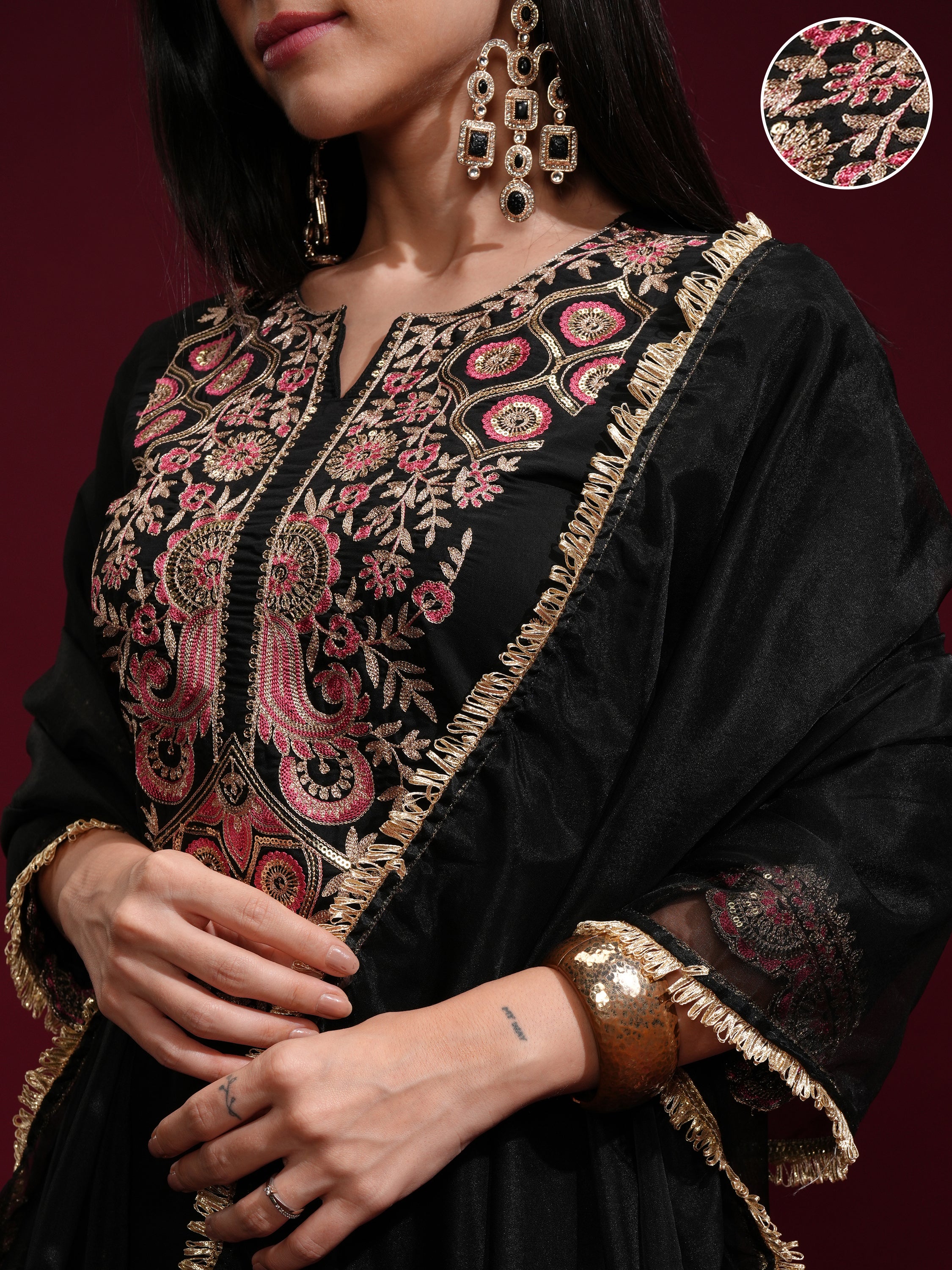 Vishudh Women Black Kurta With Palazzos And Dupatta - Black - Image 5