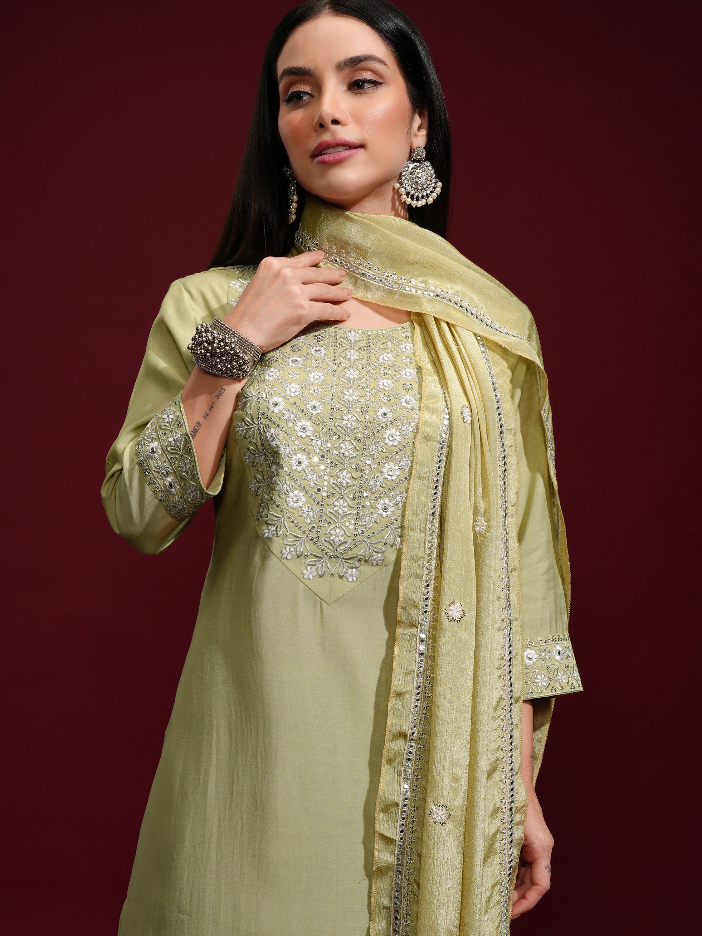 Vishudh Women Green Kurta With Palazzos And Dupatta - Green - Image 1