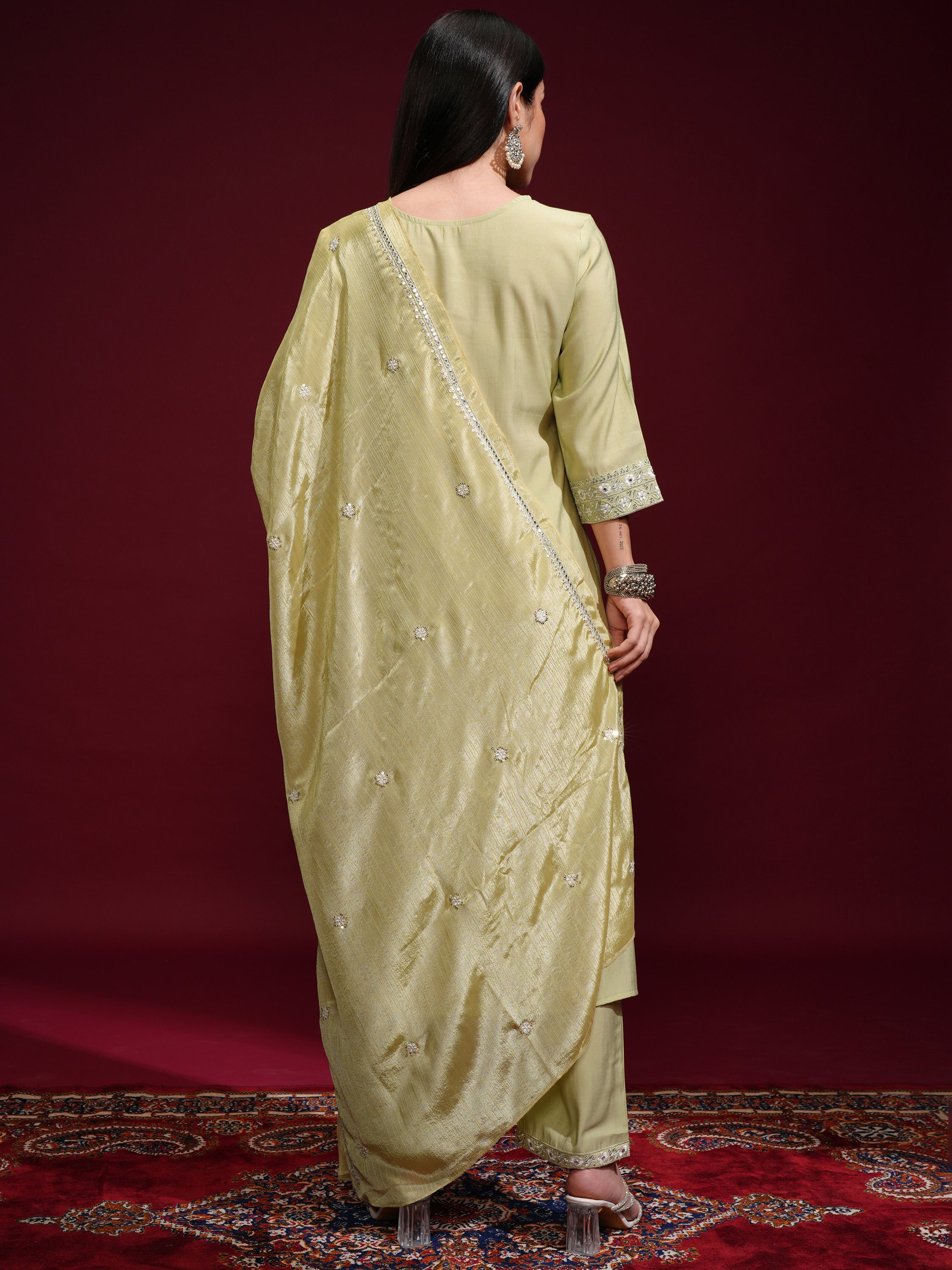 Vishudh Women Green Kurta With Palazzos And Dupatta - Green - Image 3