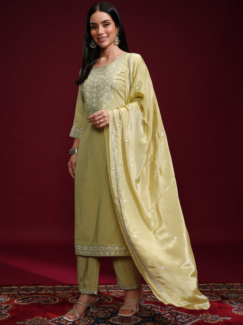 Vishudh Women Green Kurta With Palazzos And Dupatta - Green - Image 4