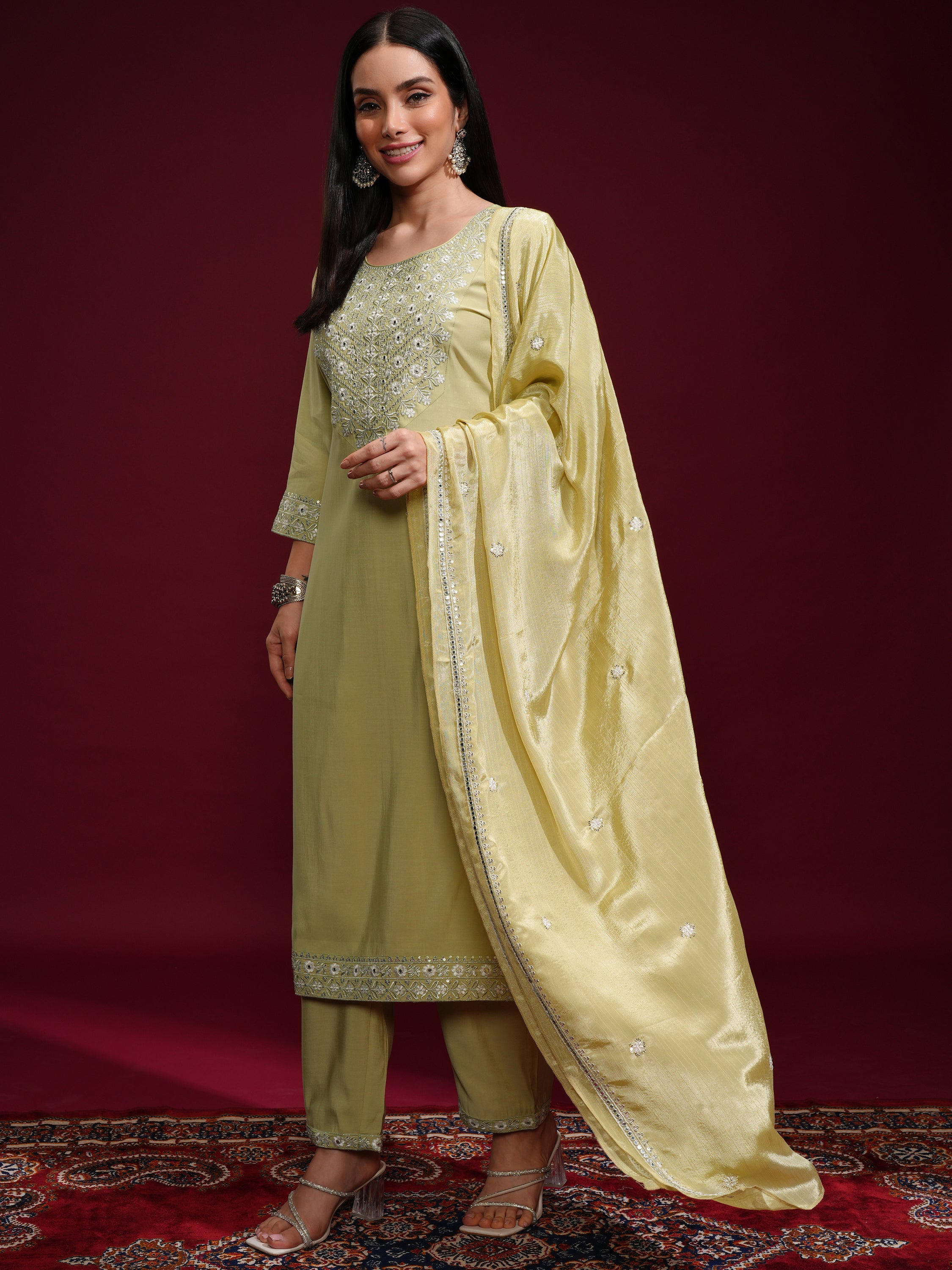 Vishudh Women Green Kurta With Palazzos And Dupatta - Green - Image 4