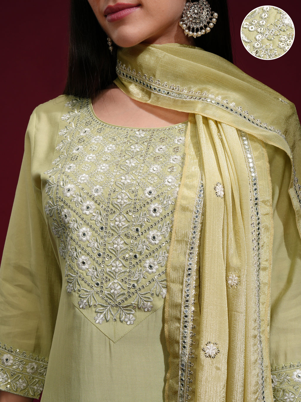 Vishudh Women Green Kurta With Palazzos And Dupatta - Green - Image 5