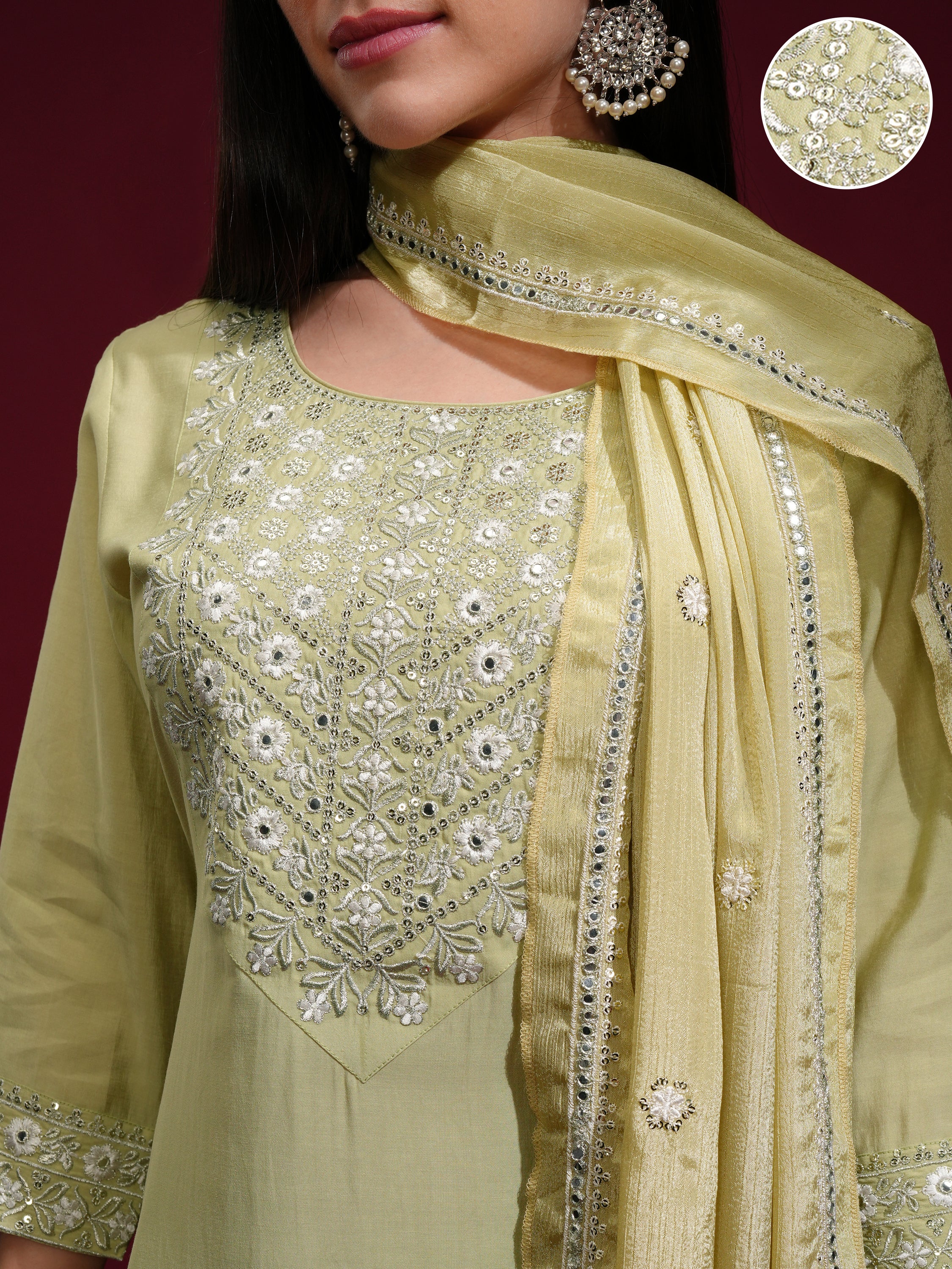 Vishudh Women Green Kurta With Palazzos And Dupatta - Green - Image 5