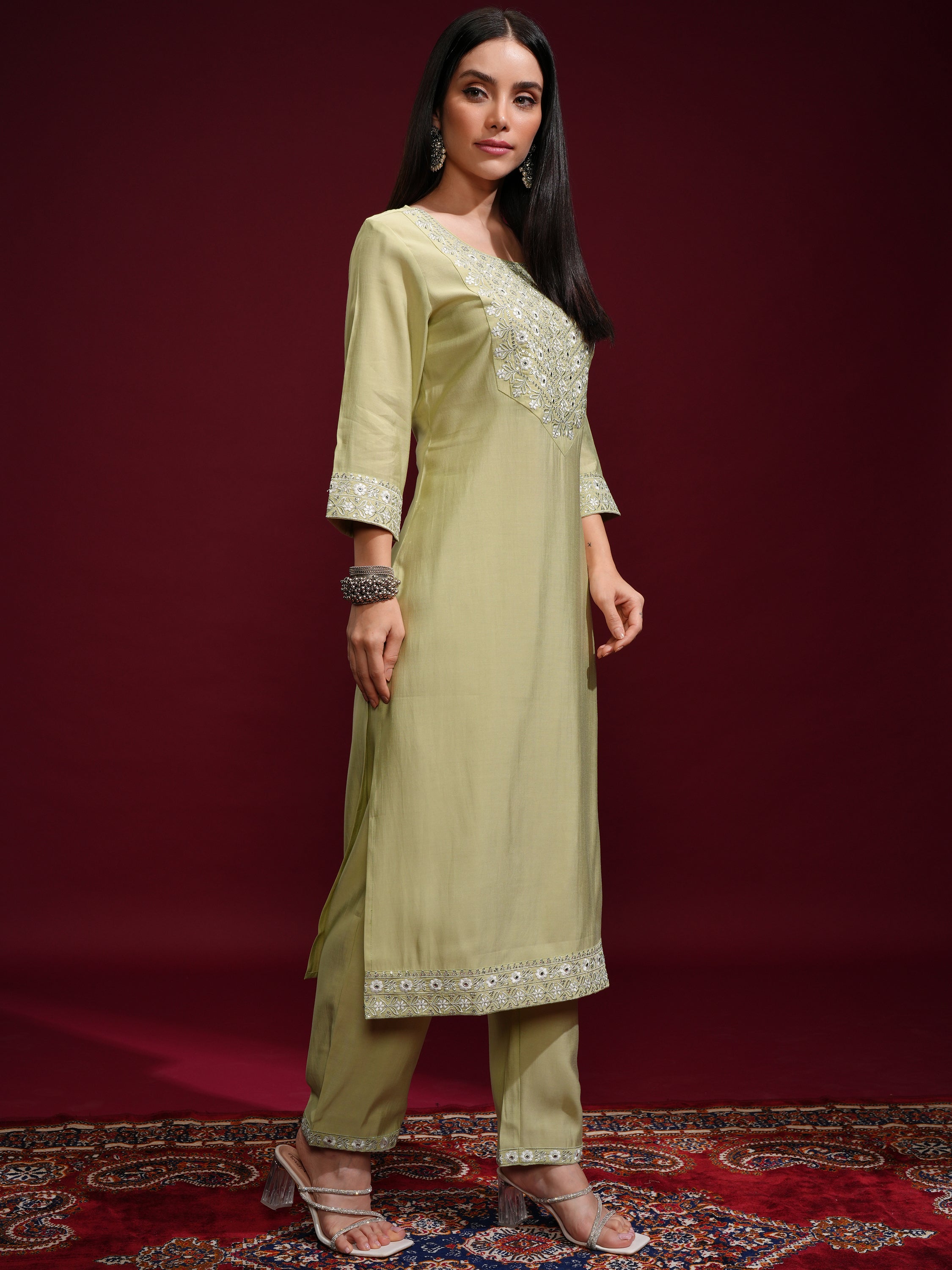 Vishudh Women Green Kurta With Palazzos And Dupatta - Green - Image 6