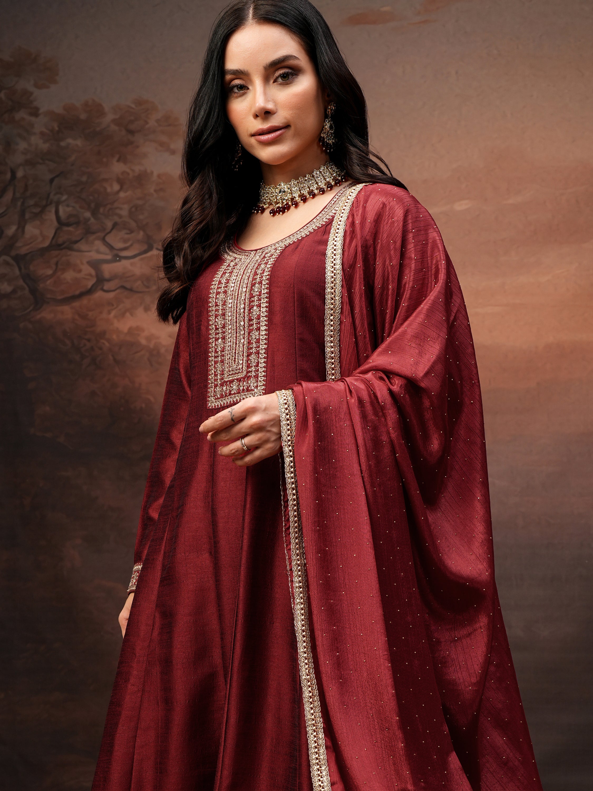 Vishudh Women Red Embroidered Kurta With Trouser And Dupatta - Red - Image 1