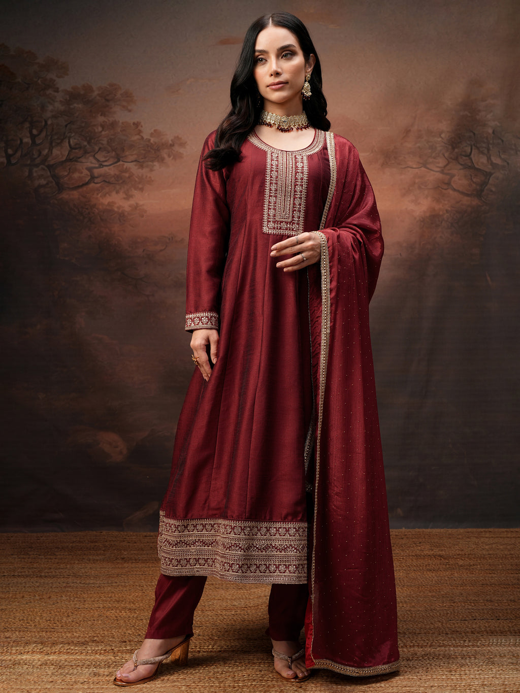 Vishudh Women Red Embroidered Kurta With Trouser And Dupatta - Red - Image 2