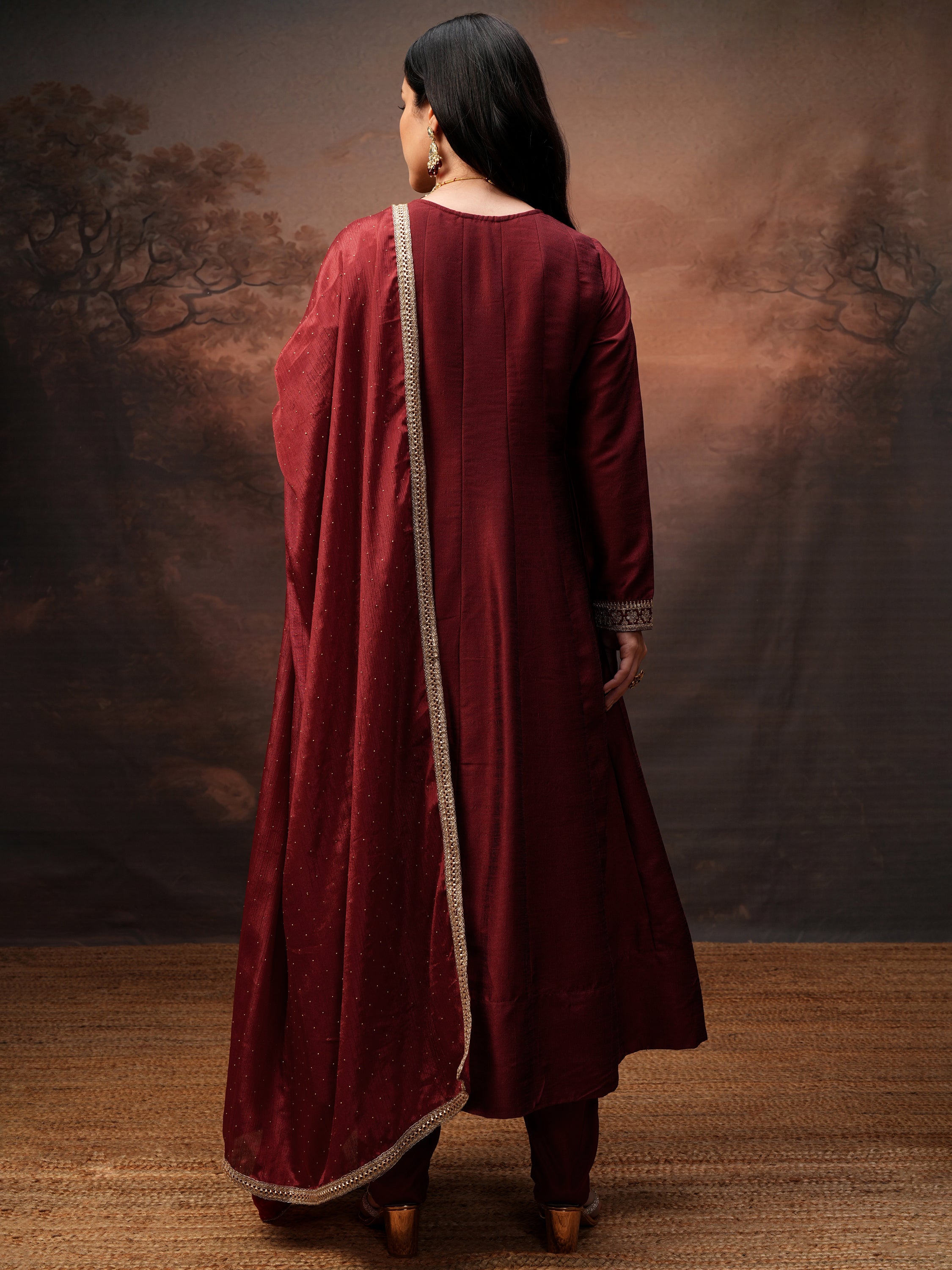 Vishudh Women Red Embroidered Kurta With Trouser And Dupatta - Red - Image 3