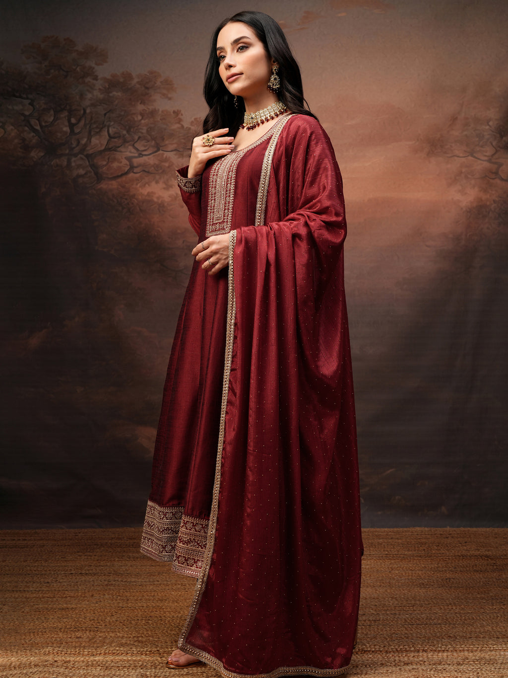 Vishudh Women Red Embroidered Kurta With Trouser And Dupatta - Red - Image 4