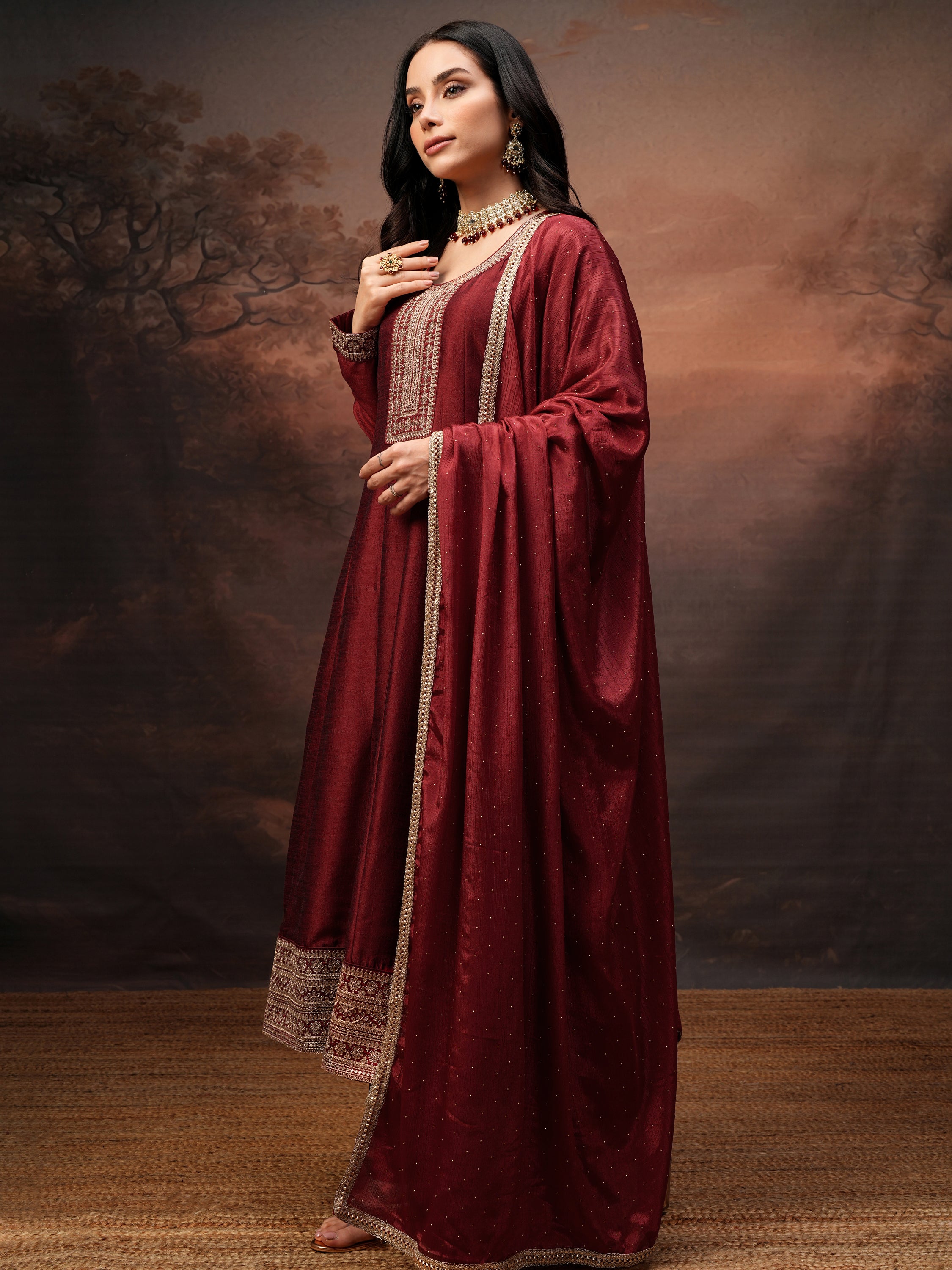 Vishudh Women Red Embroidered Kurta With Trouser And Dupatta - Red - Image 4