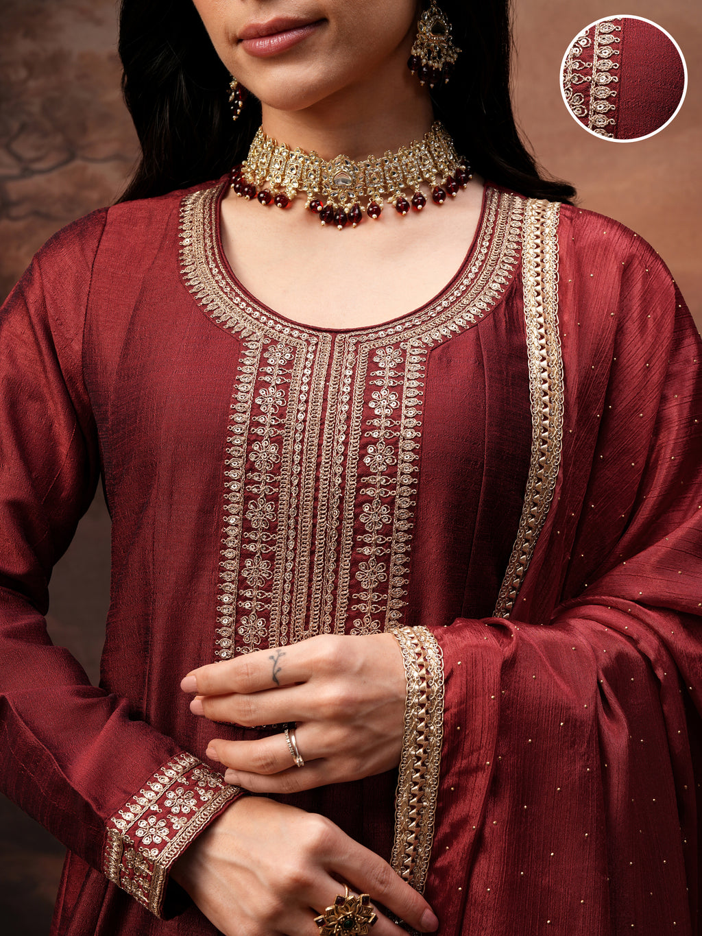 Vishudh Women Red Embroidered Kurta With Trouser And Dupatta - Red - Image 5